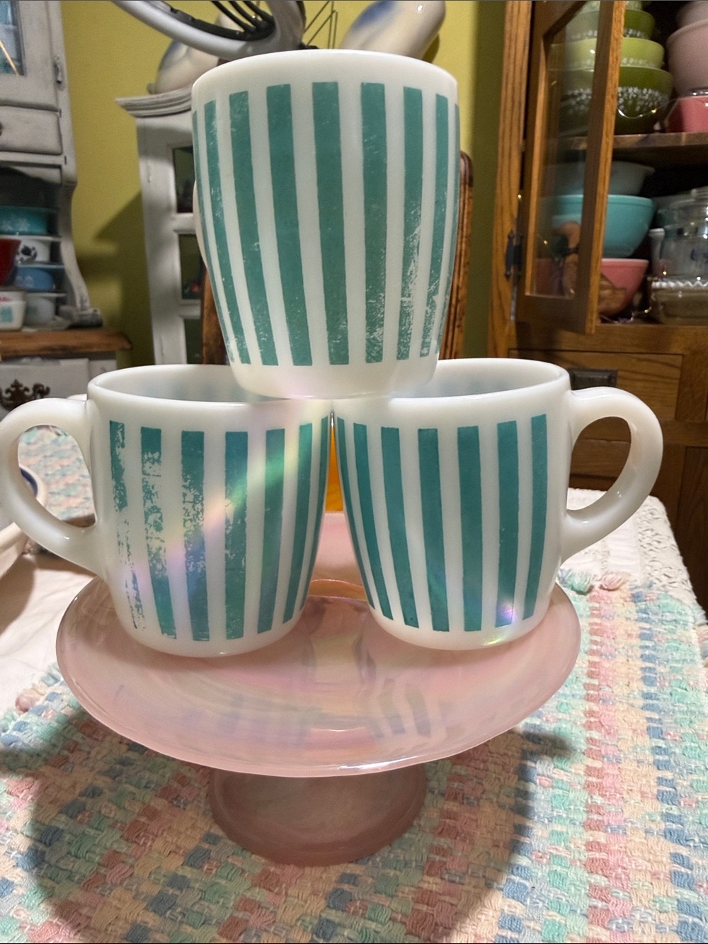 Hazel atlas turquoise candy stripe mug set of 3